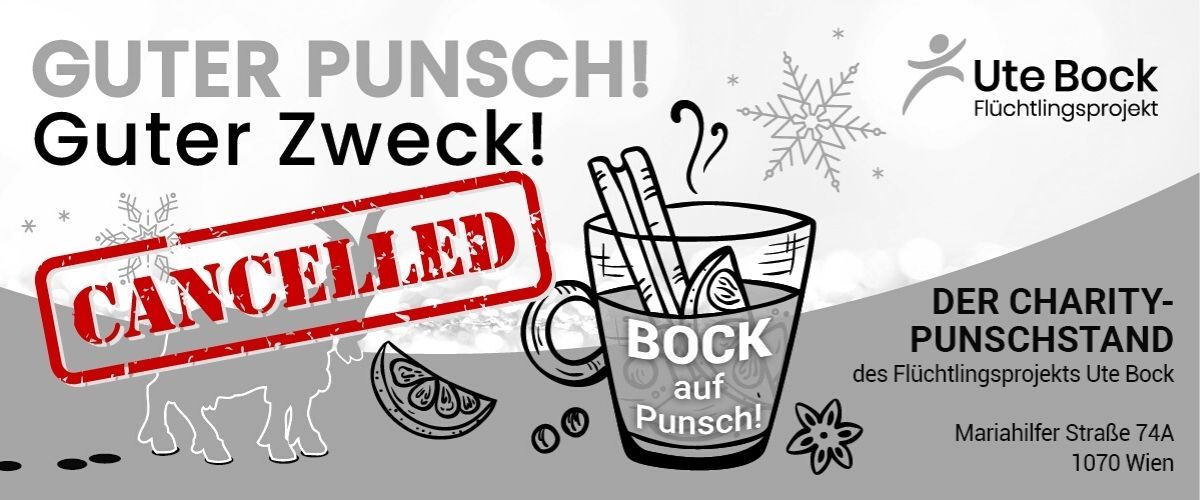 Punschstand Absage in schwarz weiß mit Stempel "Cancelled" in Rot