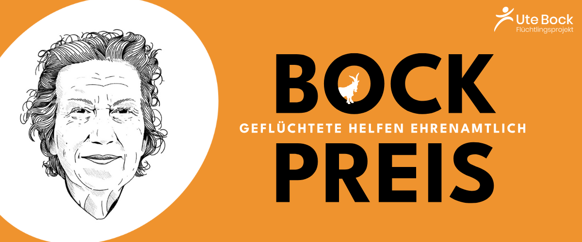 Logo Bock Preis vor orangem Hintergund mit Grafik von Frau Bock