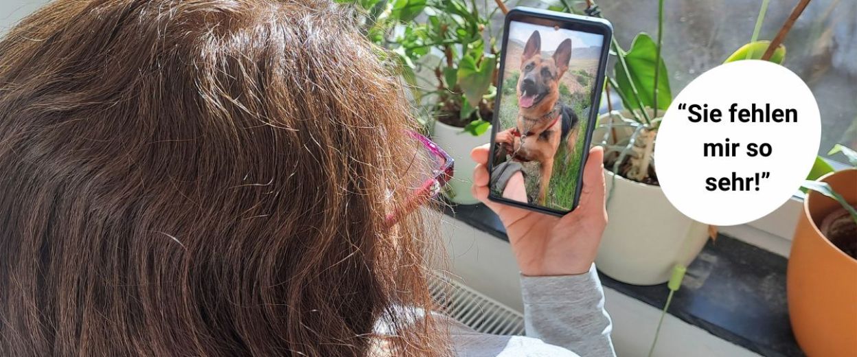 Frau von hinten zusehen schaut auf ein Handy mit dem Foto ihres Hundes